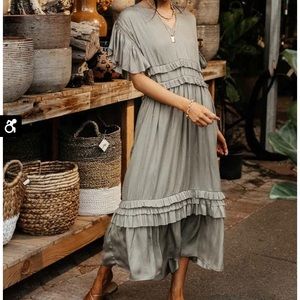 Bohme Willa Ruffle Dress in Sage, Boho maxi dress, wedding guest